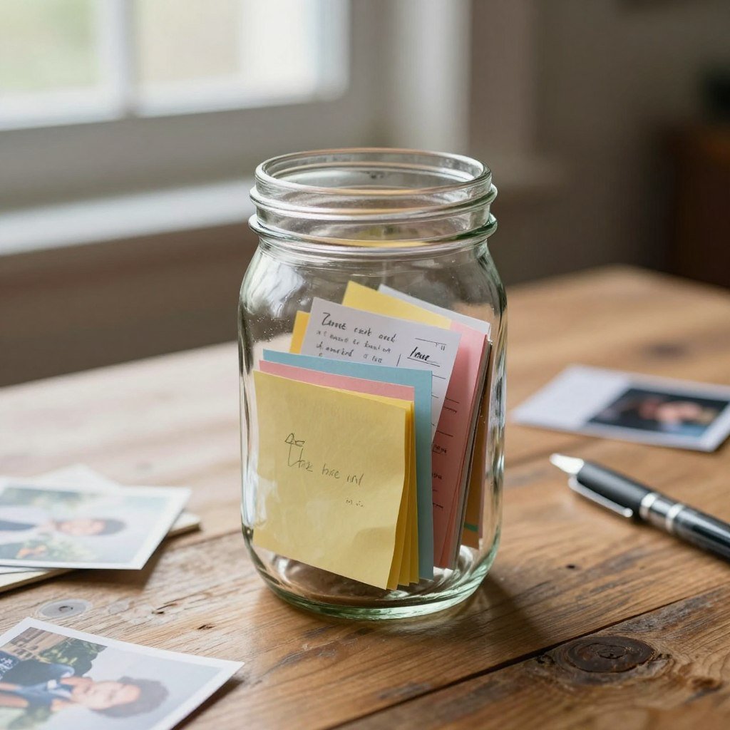 memory jar filled with folded notes and small mementos