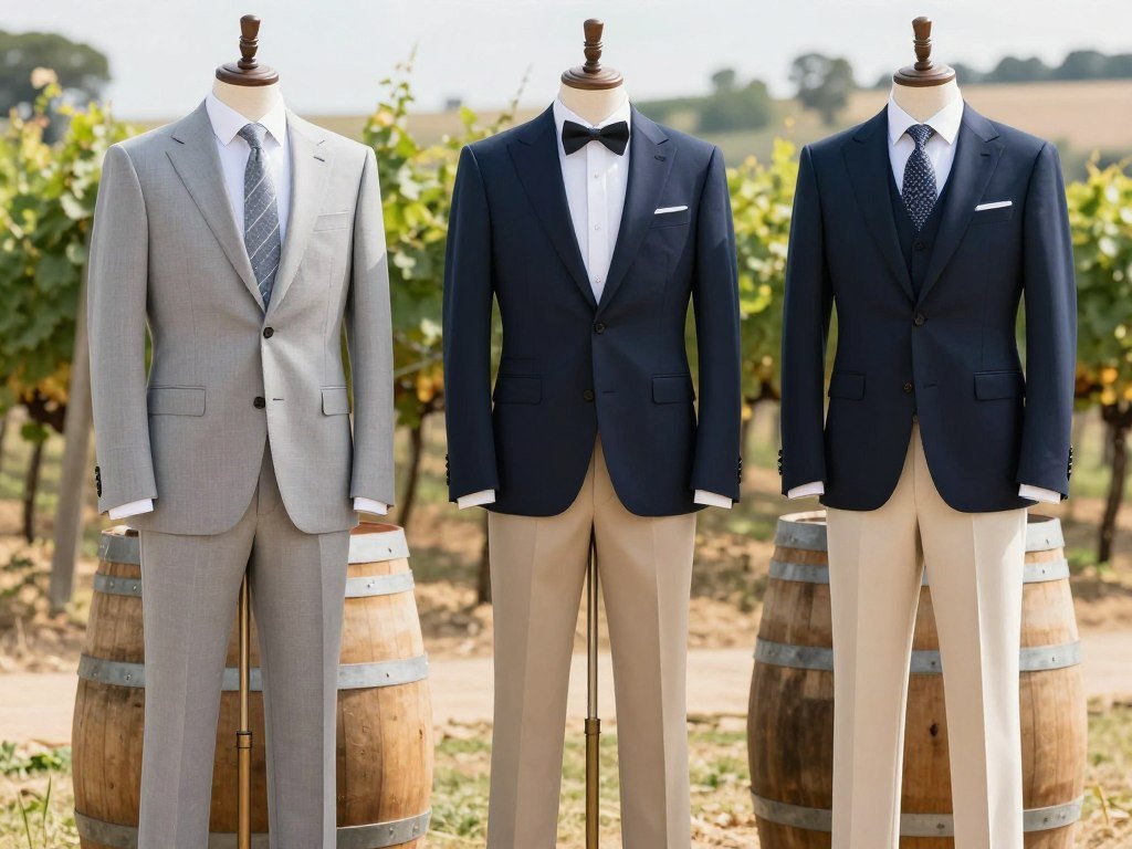 men's winery wedding outfit options displayed