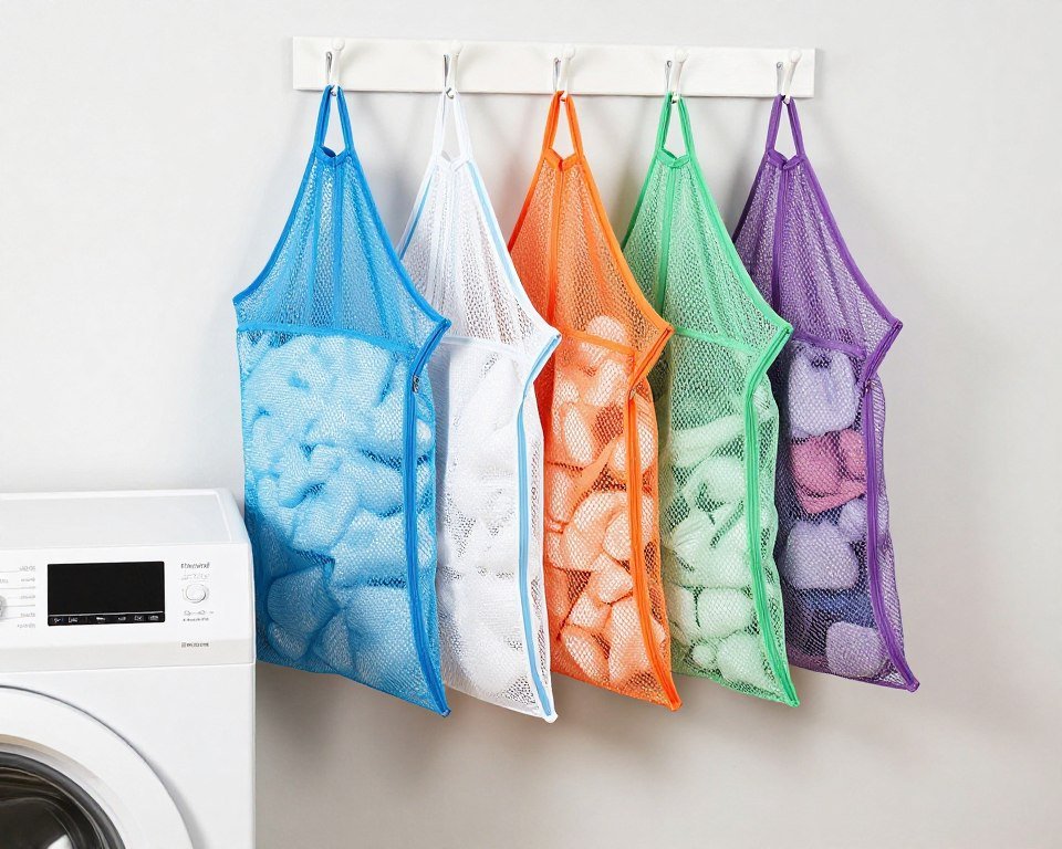 mesh laundry bags hanging on hooks in small laundry room near top loader
