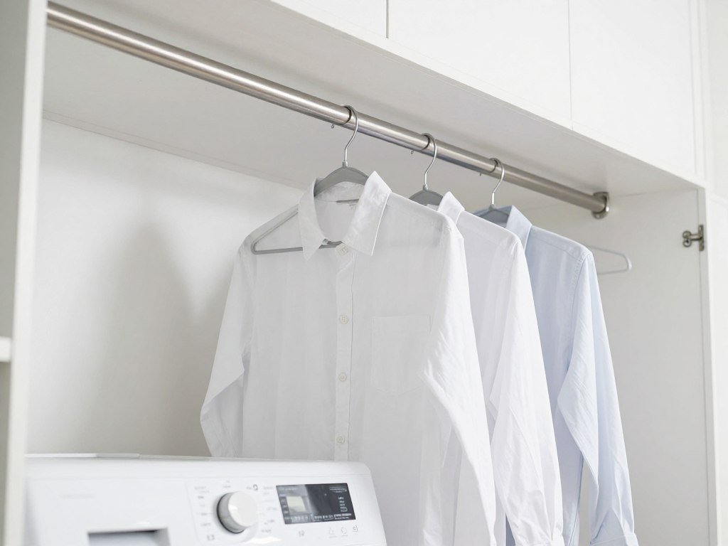 metal drying rod suspended from ceiling above top loading washer for hanging clothes