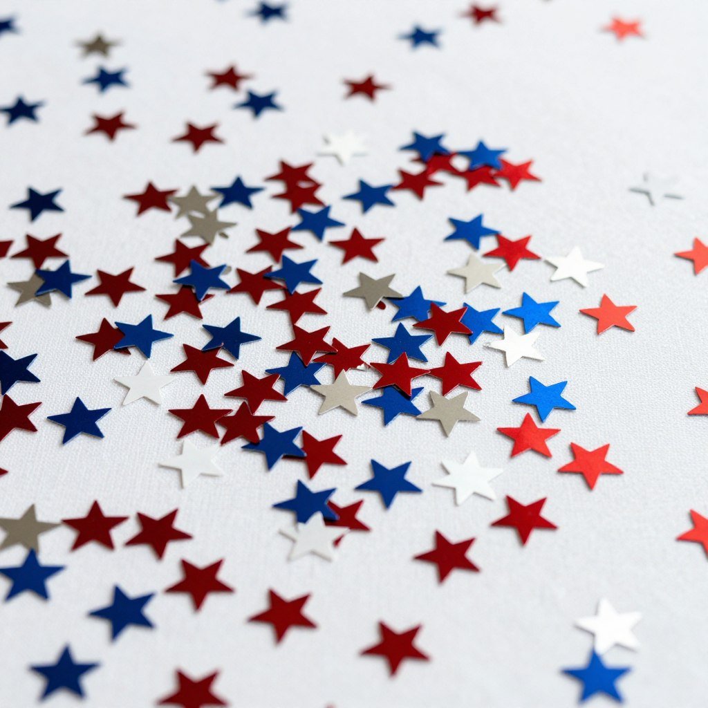 metallic star confetti scattered across patriotic party table decoration