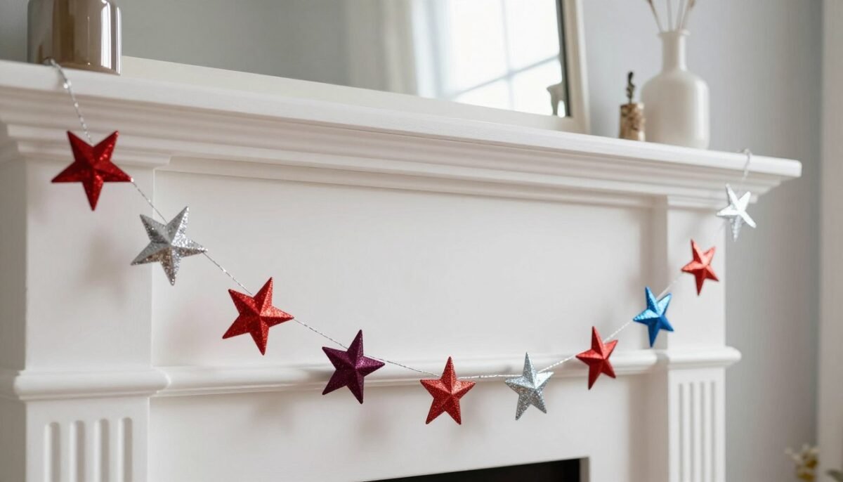metallic star garland hanging across mantel for Independence Day decor
