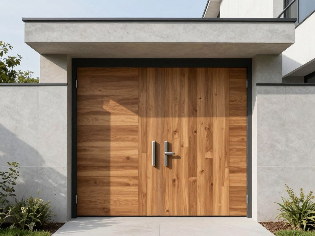 minimalist modern front door with horizontal wood slats on contemporary home