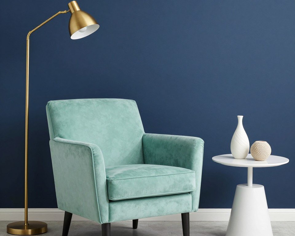 mint green chair against navy wall with gold accents