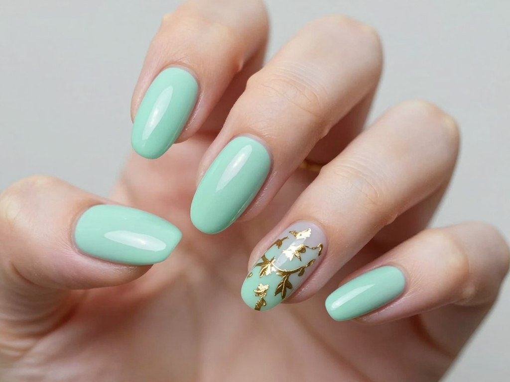 mint green summer nails with gold foil accents
