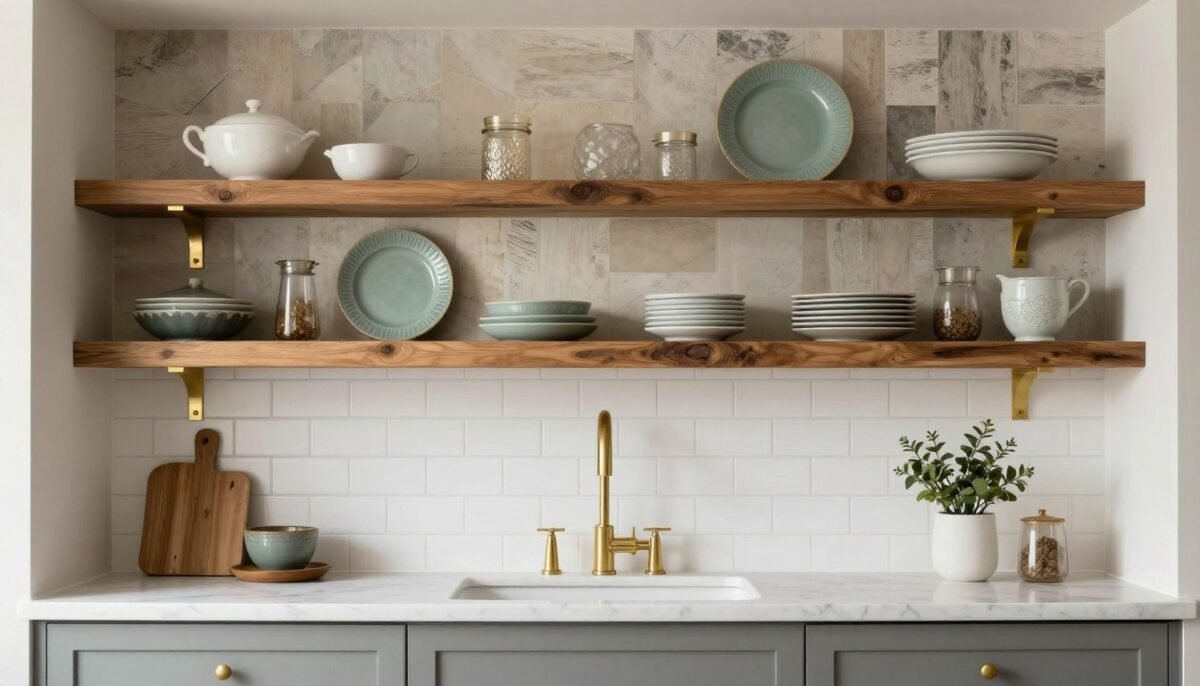 mixed material backsplash combining white tile and reclaimed wood shelving