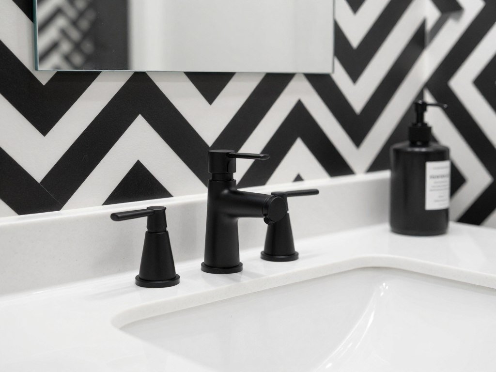 modern bathroom vanity against black and white geometric wallpaper