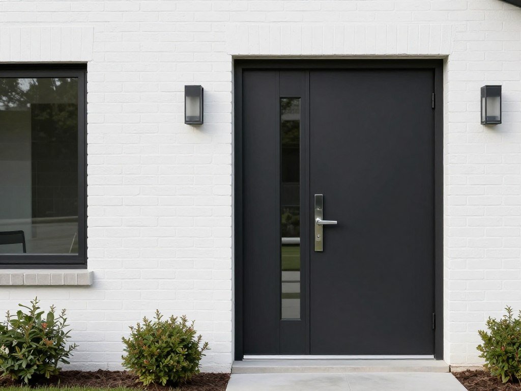 modern black front door with glass panels on white contemporary home