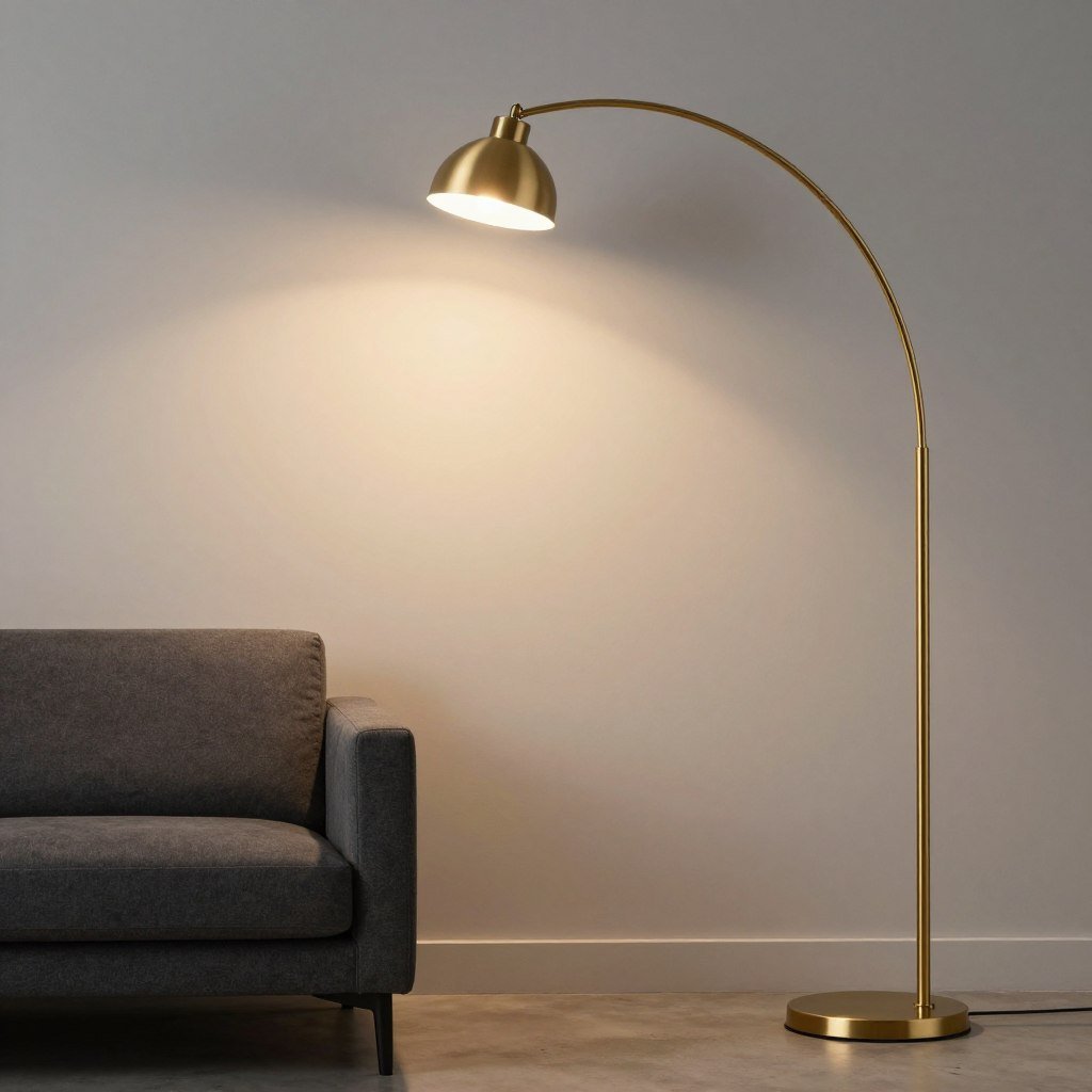 modern floor lamp with warm light beside grey sofa