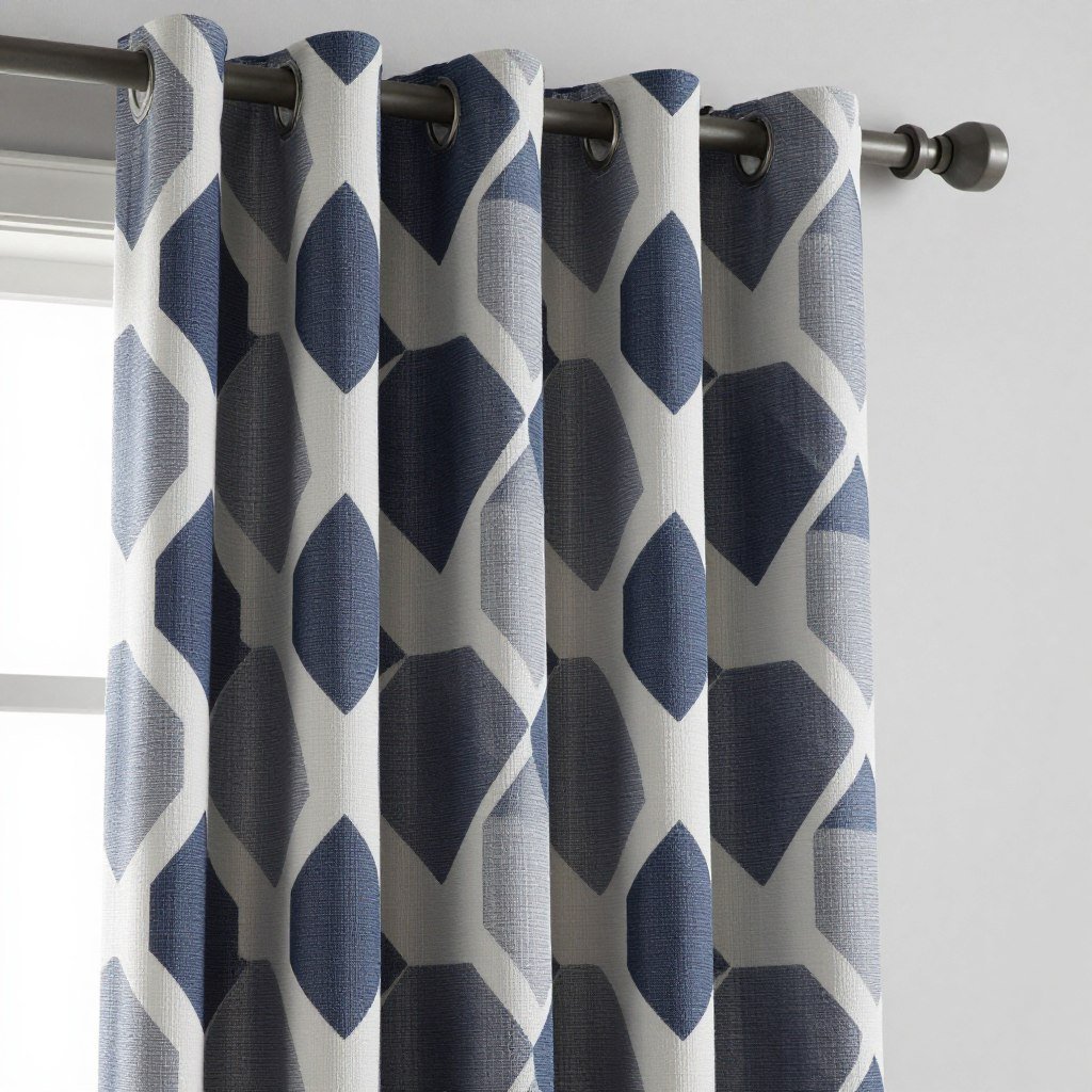 modern geometric pattern kitchen curtain panel in navy and white