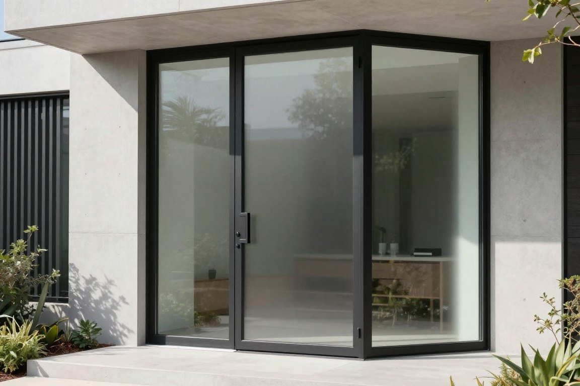 modern glass pivot front door on contemporary home with steel frame