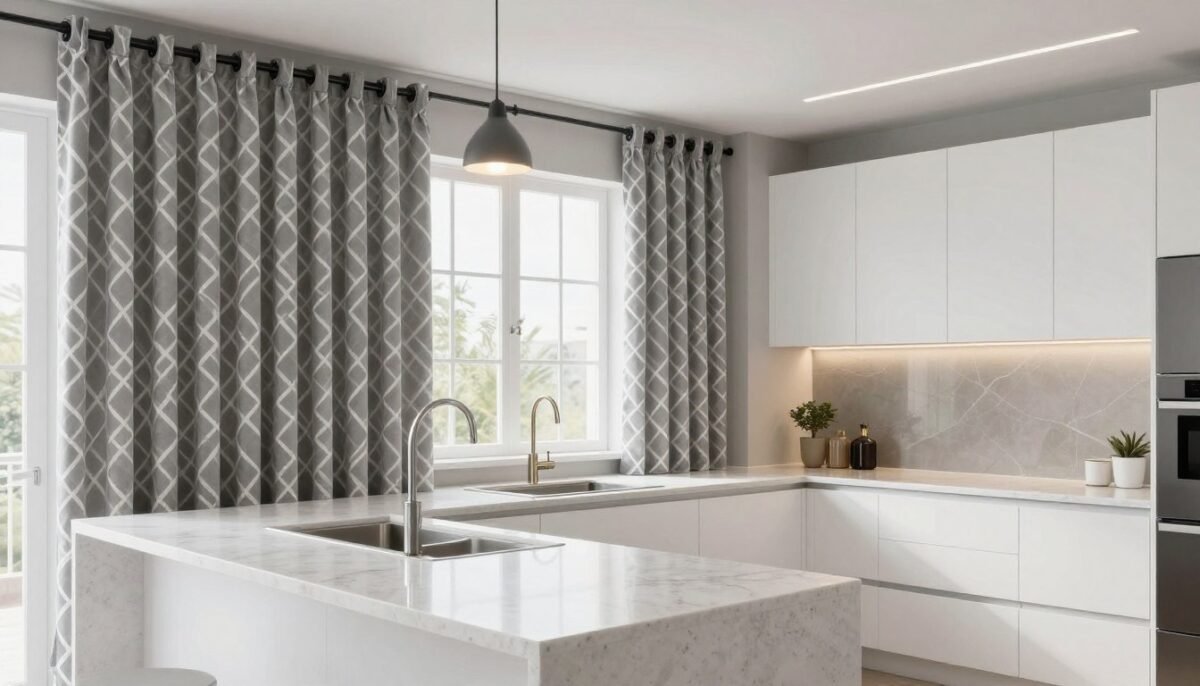 modern kitchen window with geometric pattern curtains in gray and white over sink