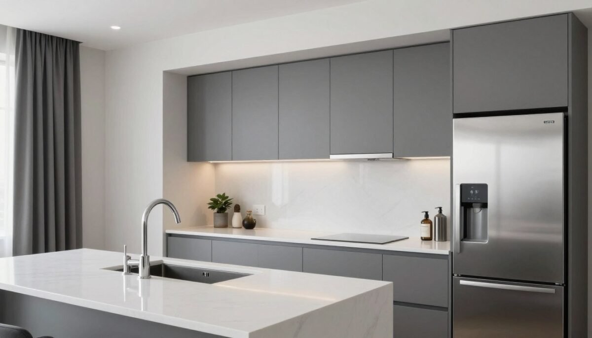 modern kitchen with gray curtains over sink complementing stainless appliances