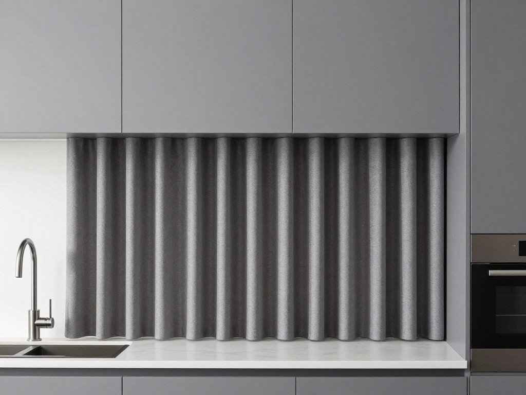 modern kitchen with minimalist gray curtains and contemporary design