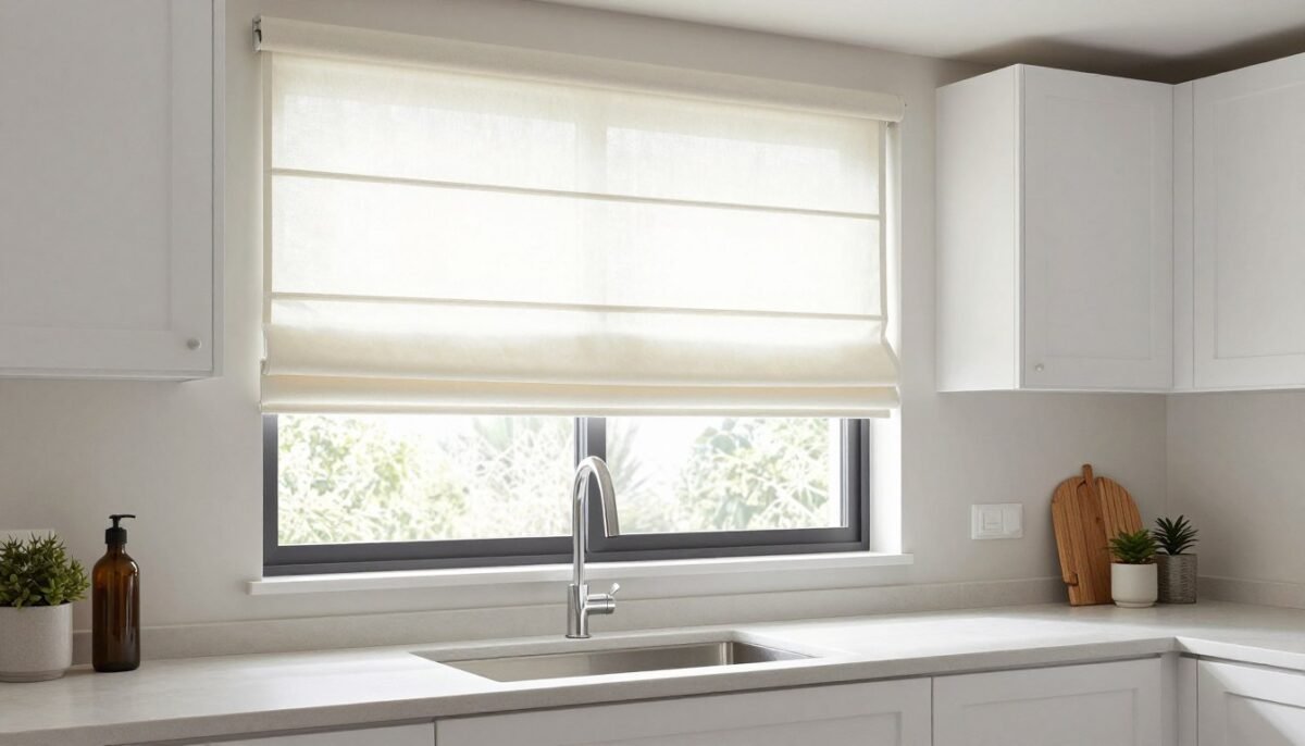 modern kitchen with roman shade window treatment above sink in raised position