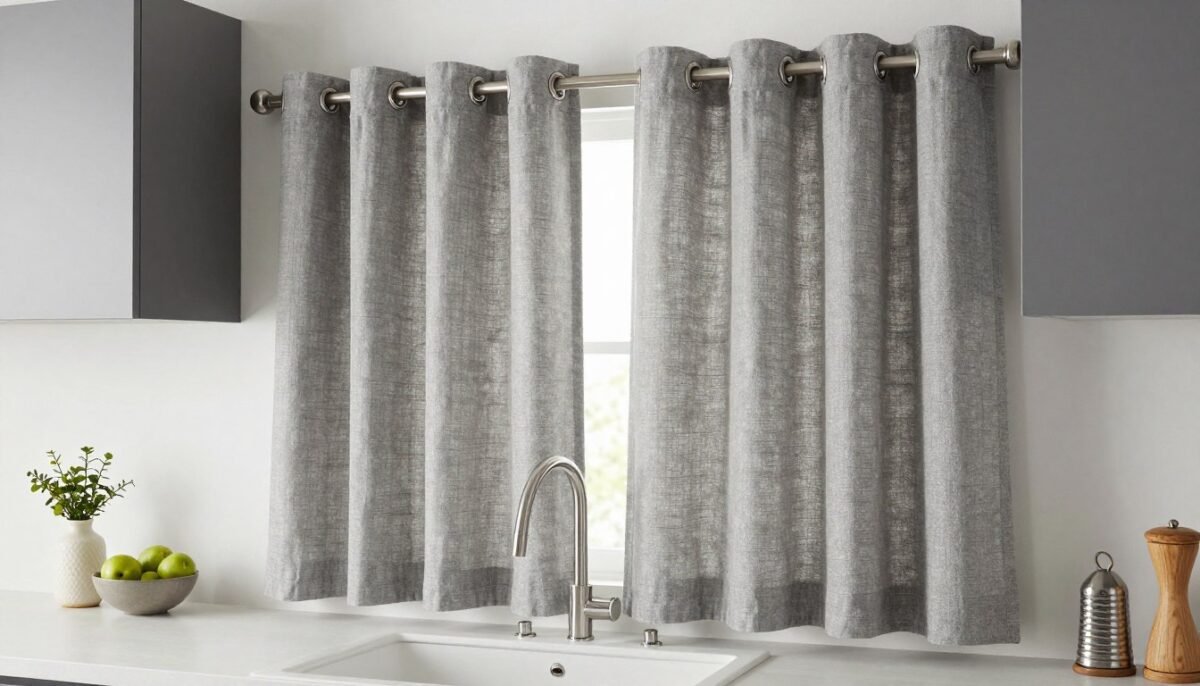 modern kitchen with tab top curtains showing casual contemporary style over sink