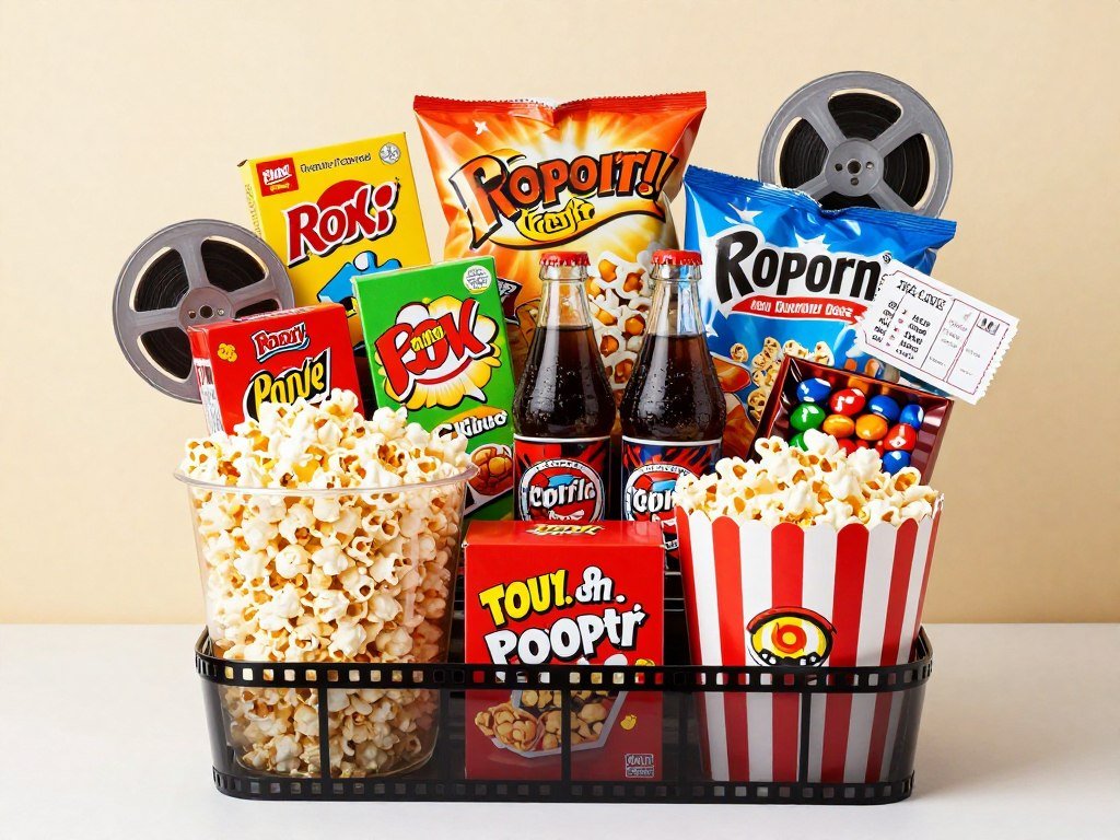 movie night gift basket with popcorn and candy