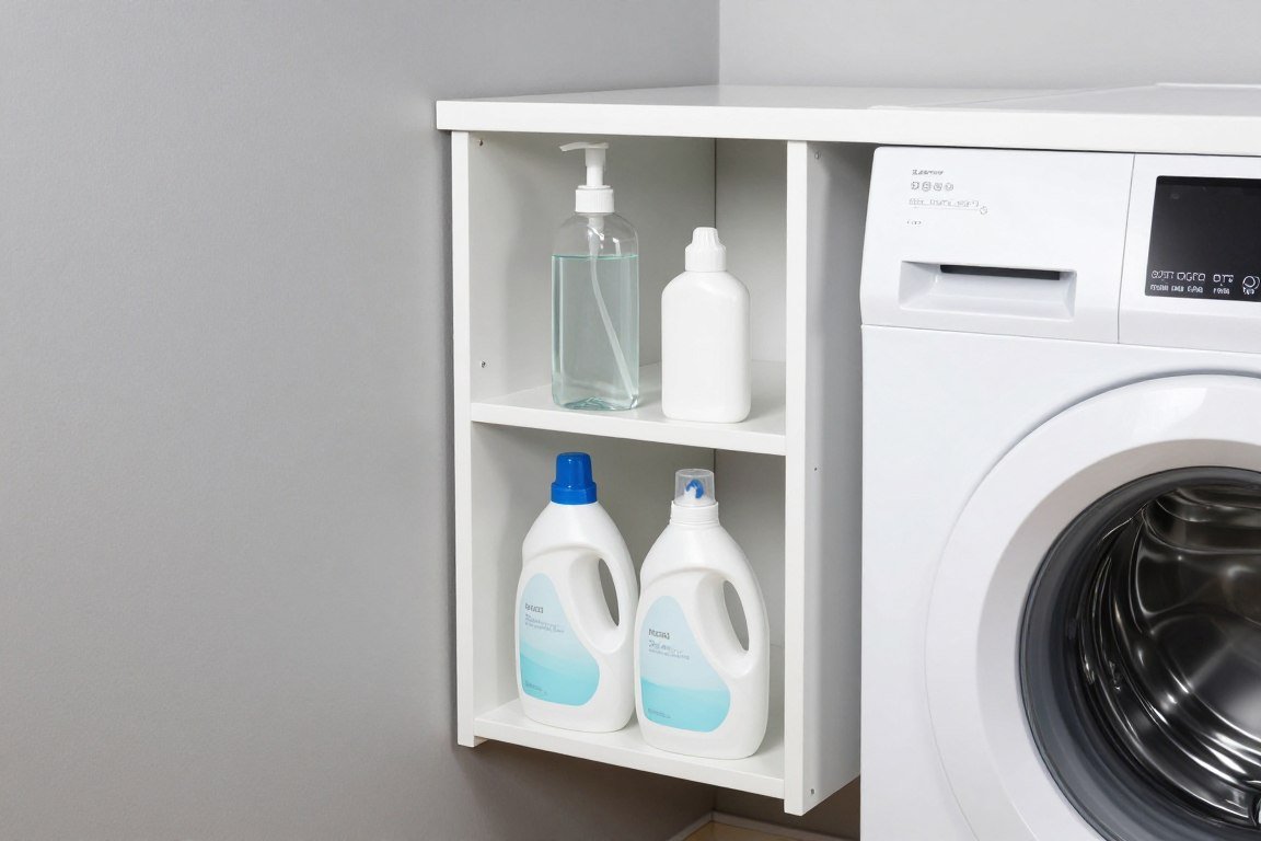 narrow pull-out shelf installed in gap between top loader washer and dryer