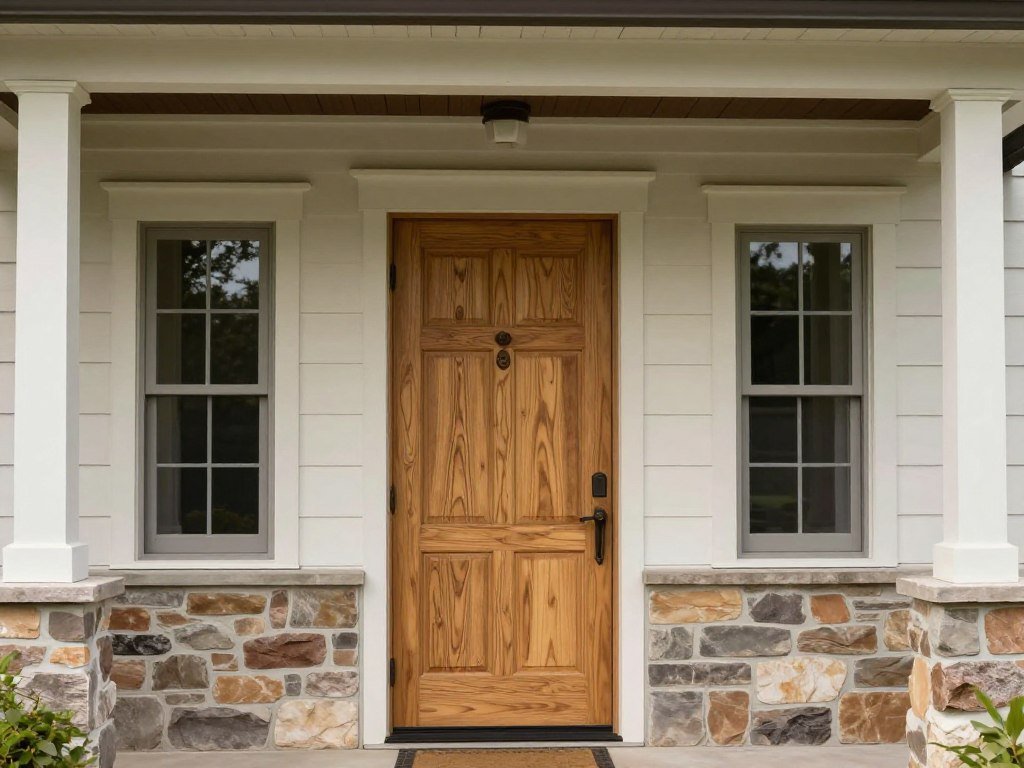 natural oak wood front door with sidelight windows on craftsman home