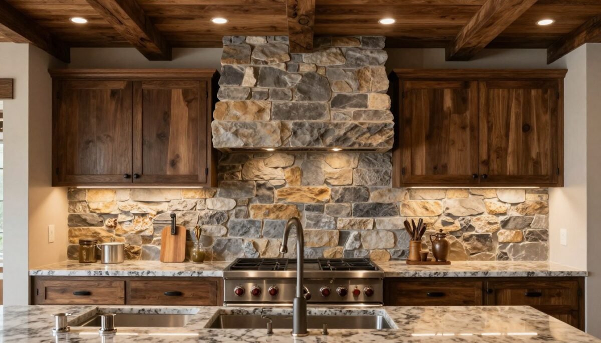 natural stacked stone ledger backsplash with earthy texture in rustic farmhouse kitchen