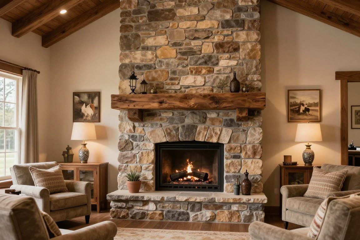 natural stone fireplace in farmhouse living room with wooden mantel
