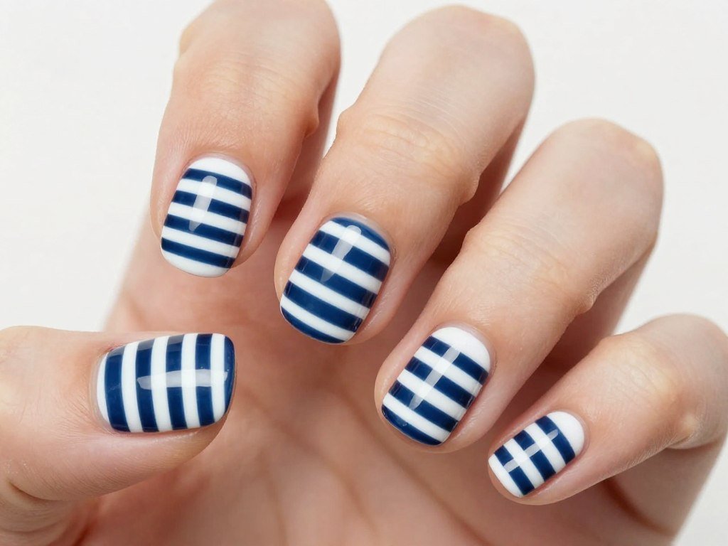 nautical stripe summer nail design with navy and white