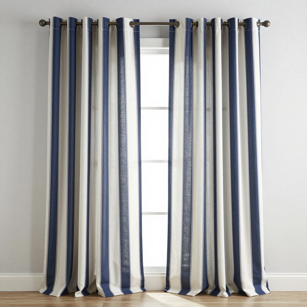 navy and white striped cafe curtain set for kitchen window