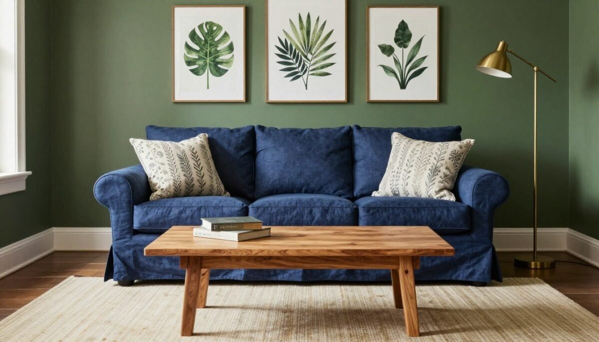 navy blue sofa against green painted walls