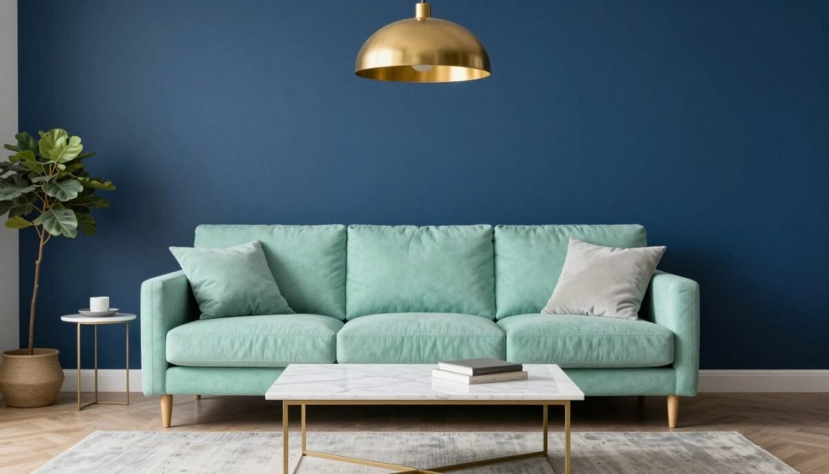 navy blue walls with mint green furniture and white accents