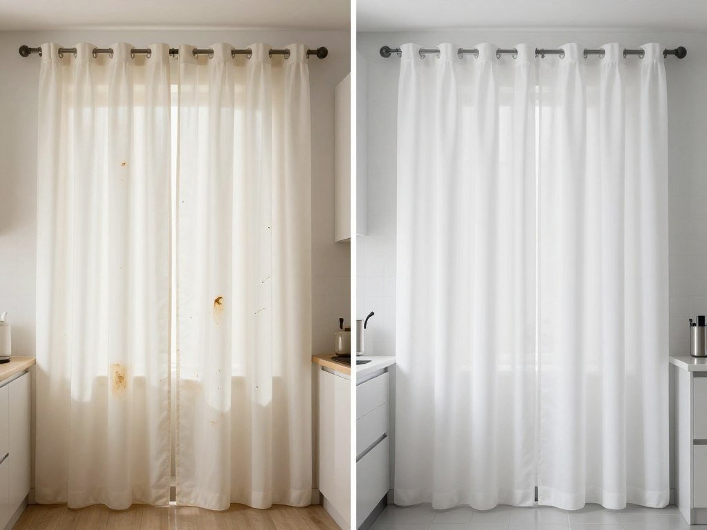 neglected kitchen curtain showing stains and damage versus well-maintained curtain