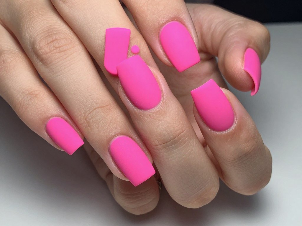 neon hot pink nails with matte topcoat finish on square shaped nails