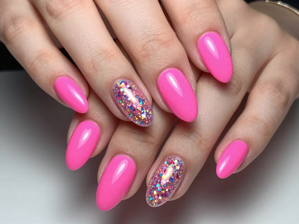 neon pink nails with iridescent glitter topcoat creating rainbow sparkle