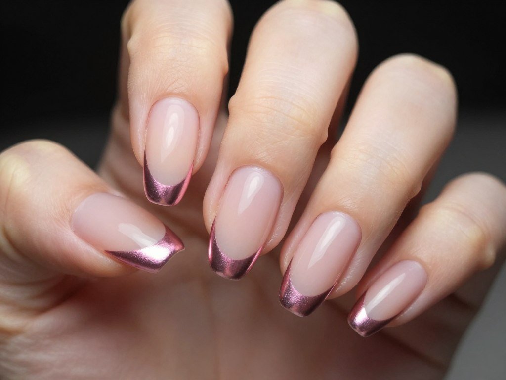 nude nails with pink chrome french tips creating metallic tips