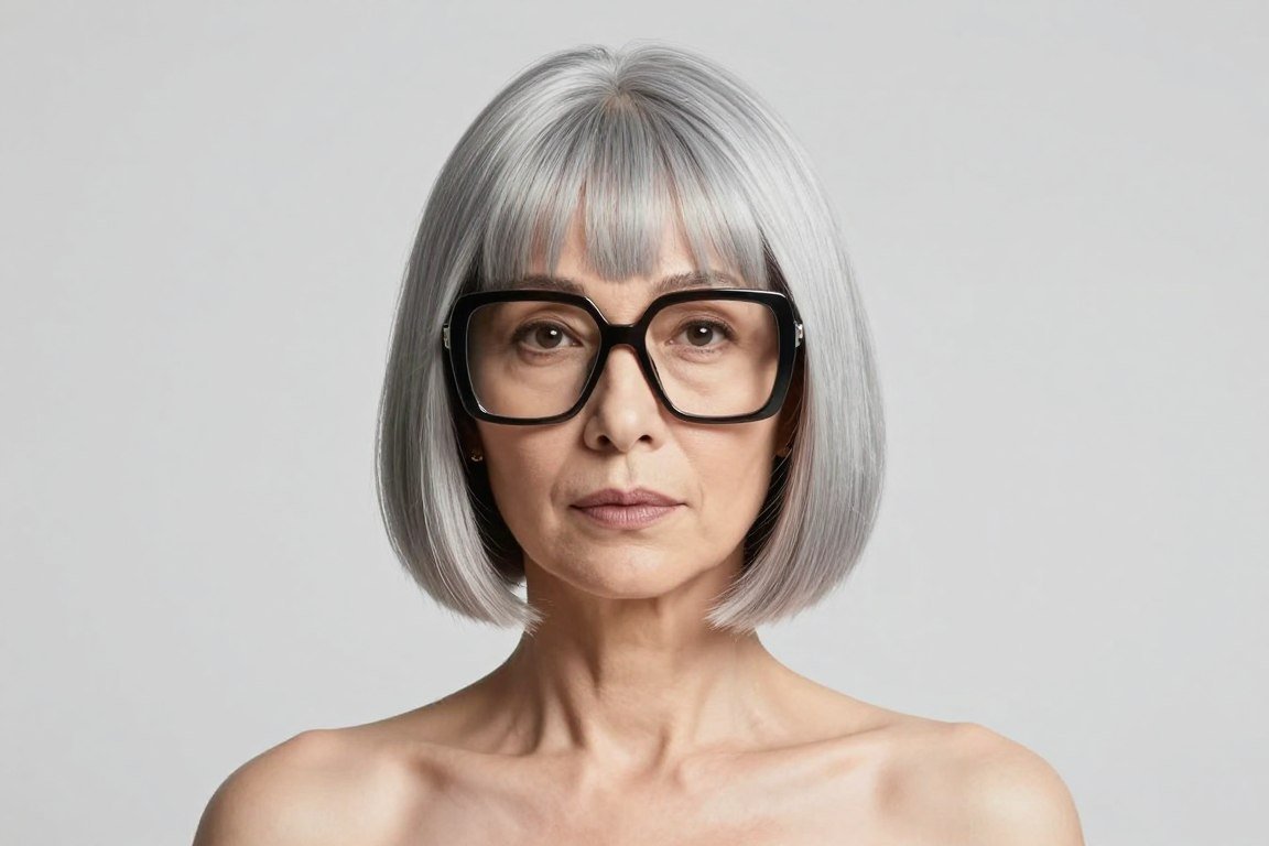 older woman with blunt lob and oversized frames