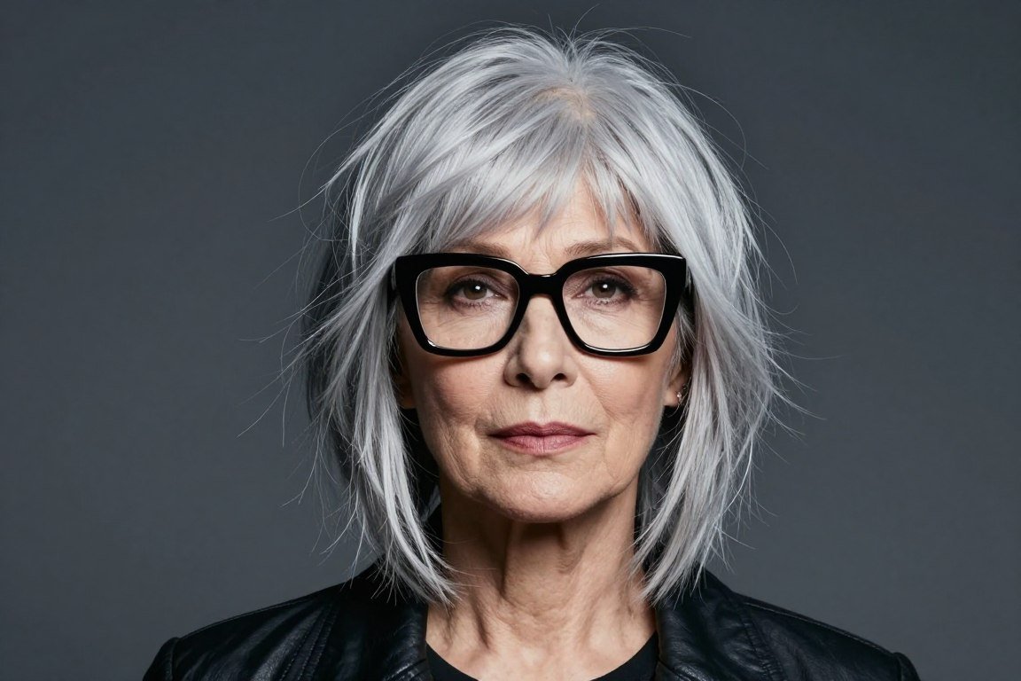 older woman with choppy layers and bold frames