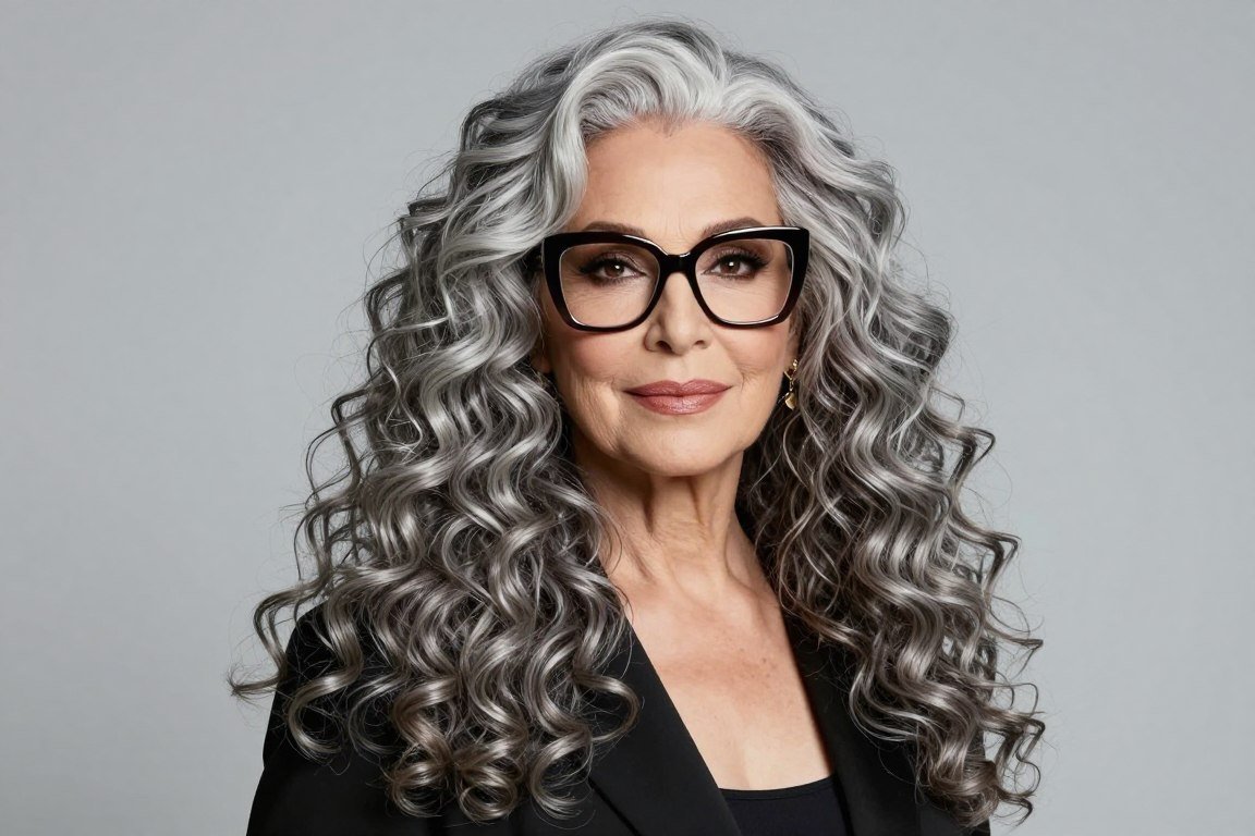 older woman with long layered curls and statement glasses