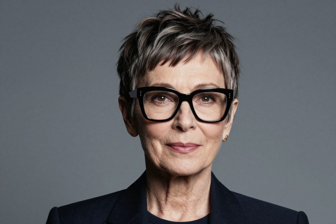 older woman with pixie cut featuring longer top and undercut wearing bold glasses
