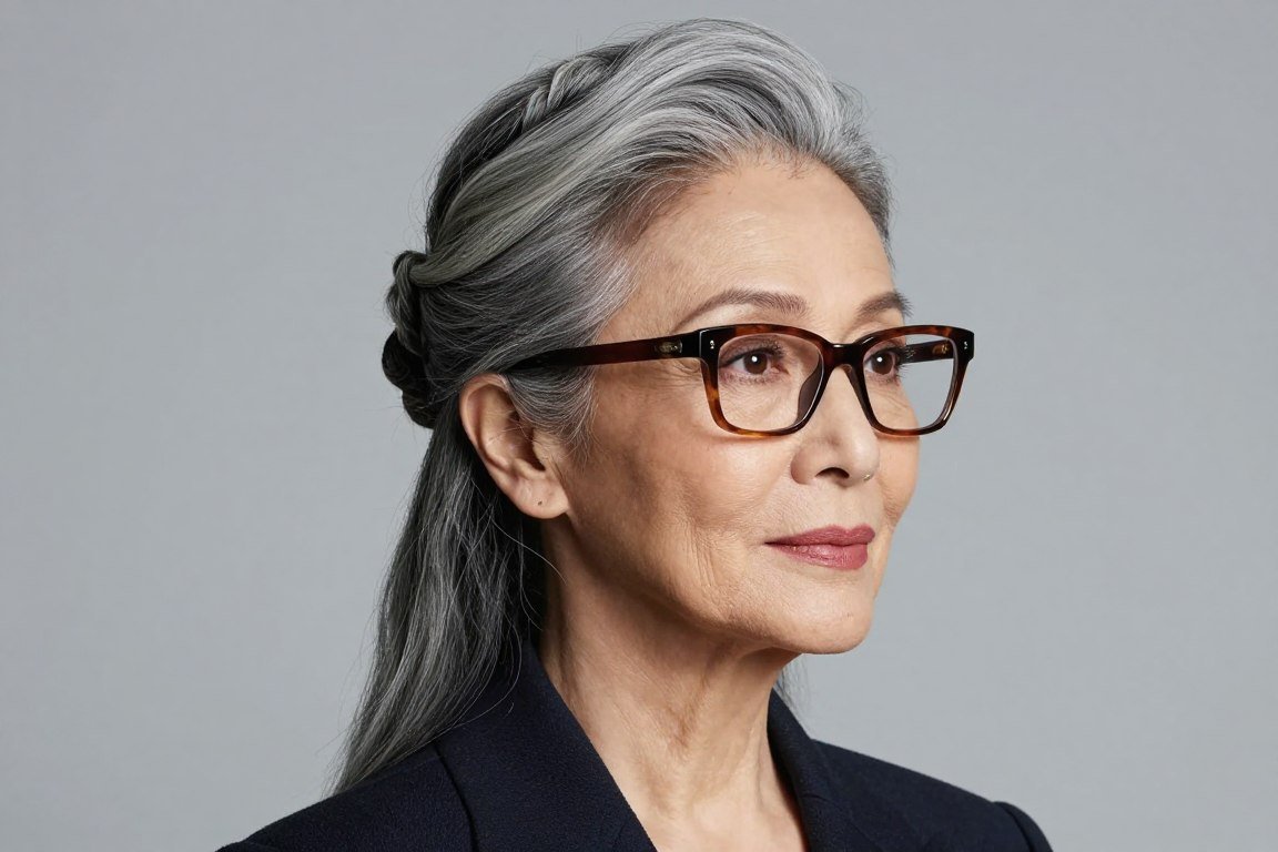 older woman with twisted half-up style and rectangular frames