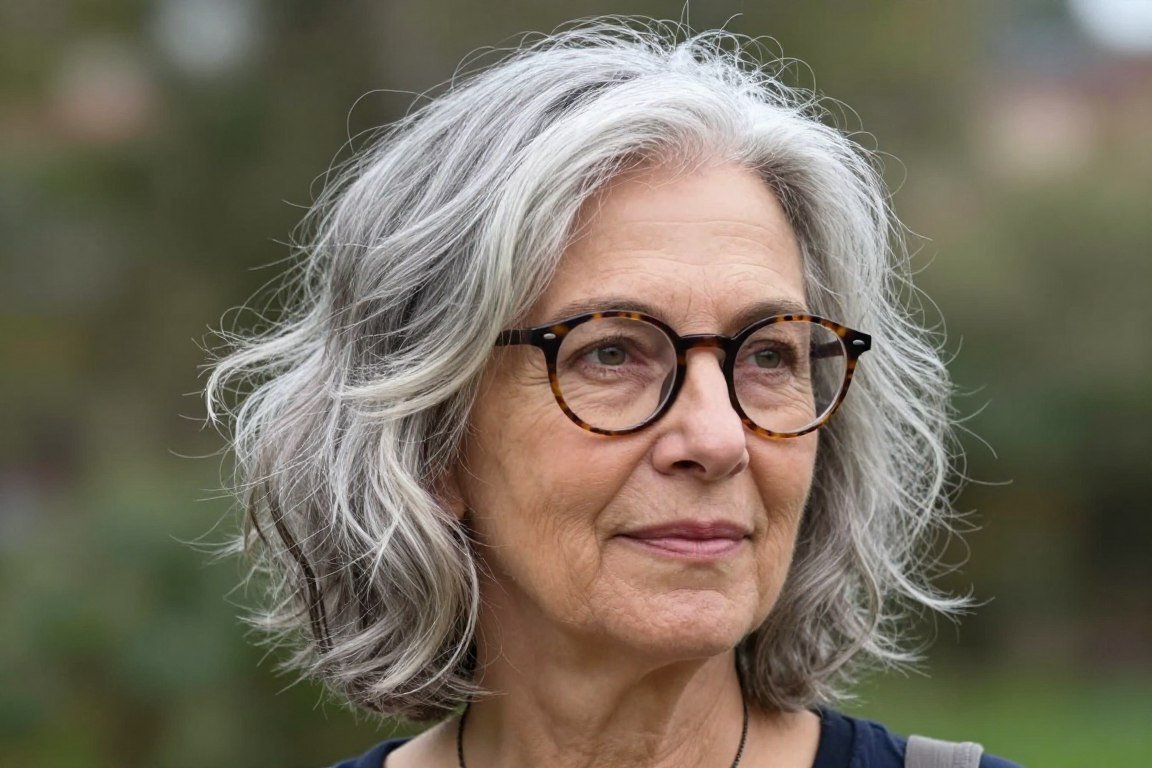 older woman with wavy bob hairstyle and round glasses