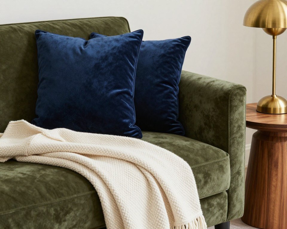 olive green sectional corner detail with blue pillows