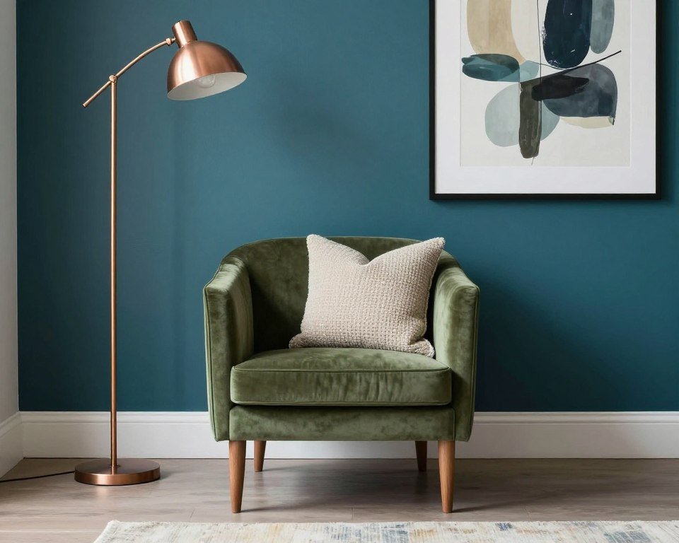 olive green velvet chair with teal wall background