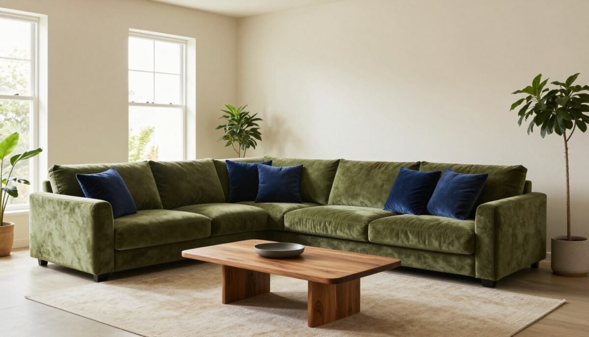 olive green velvet sectional sofa with navy blue pillows