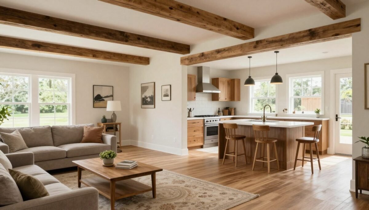 open layout connecting farmhouse living room and kitchen