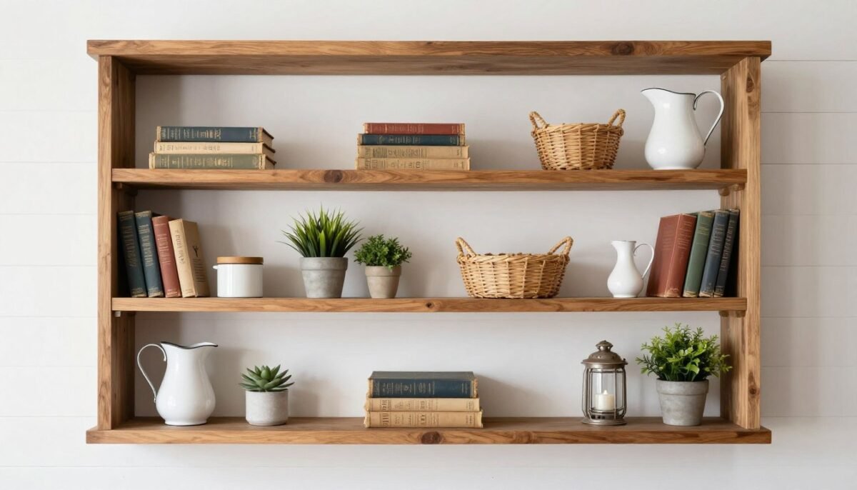 open shelving with farmhouse decor display