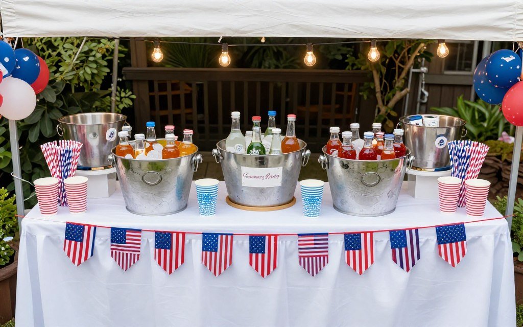 organized beverage station with patriotic decorations and dollar store supplies