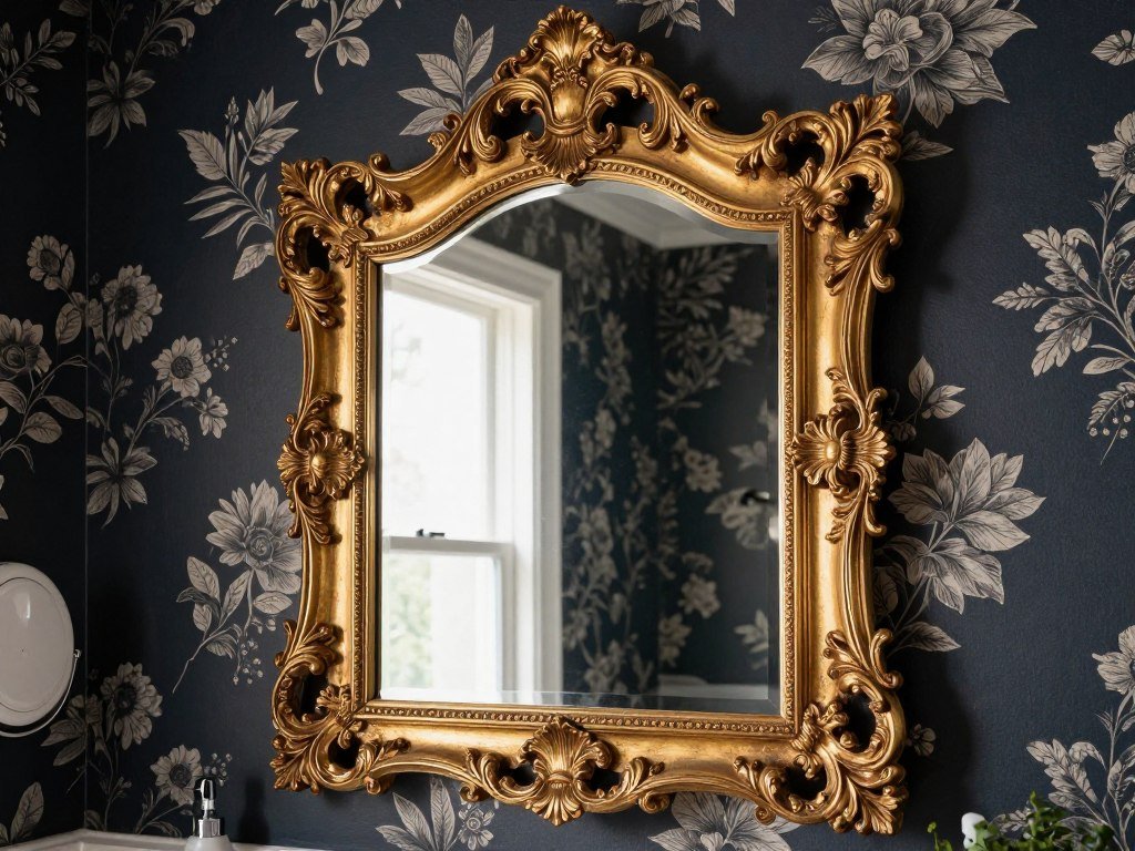 ornate gold mirror against dark floral wallpaper in powder room