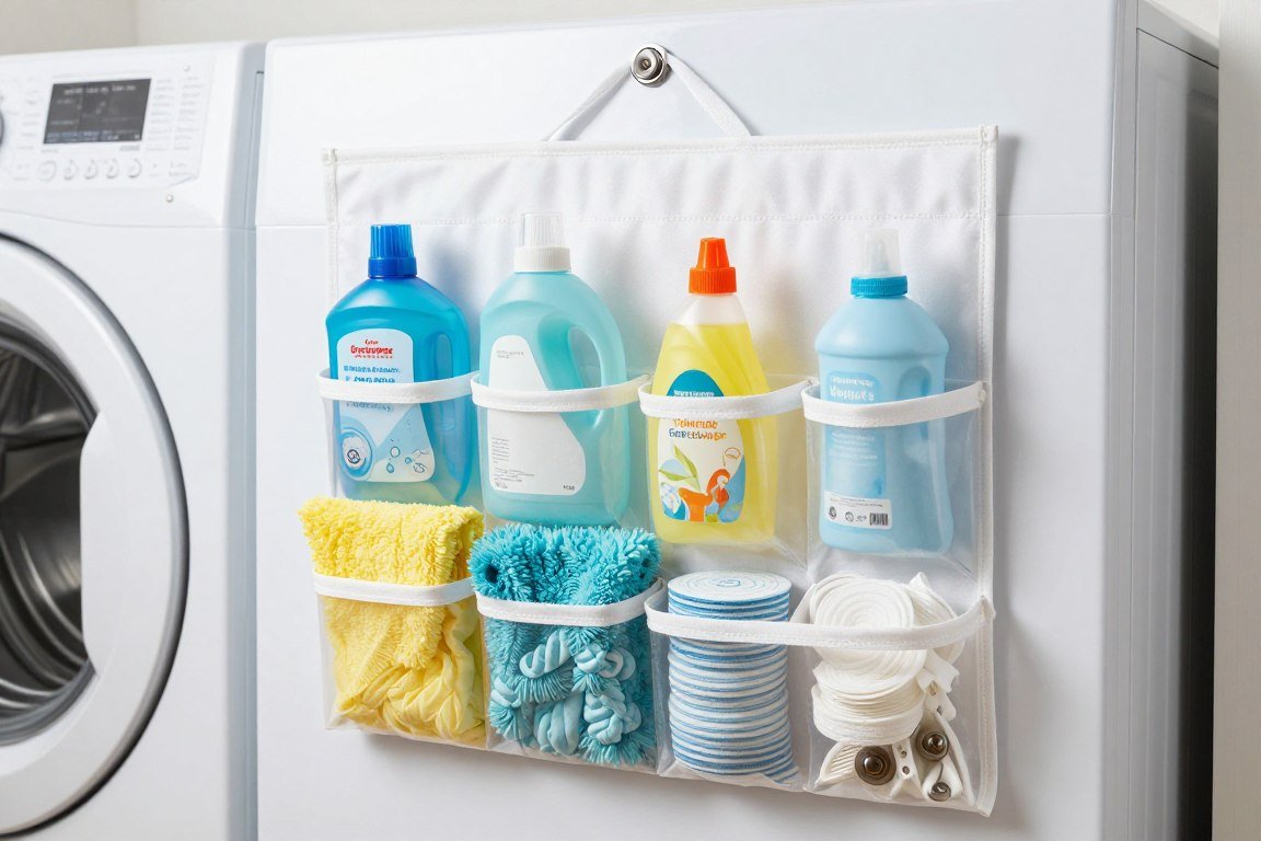 over-the-door organizer with pockets hanging on laundry room door near top loader