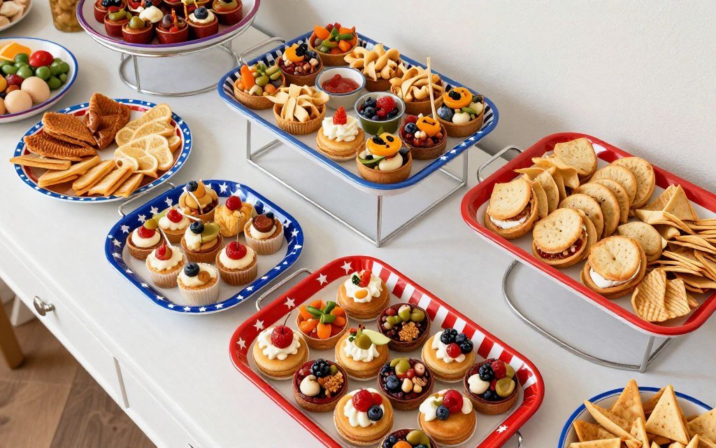 patriotic serving trays displaying party snacks for 4th of July gathering