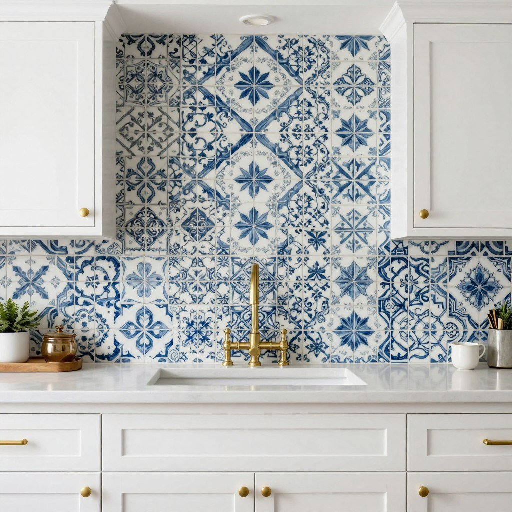 patterned cement tile backsplash with geometric design in modern farmhouse kitchen