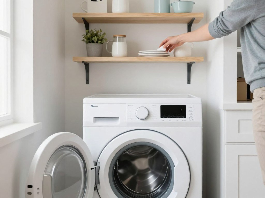 person organizing clean and tidy small laundry room with top loader
